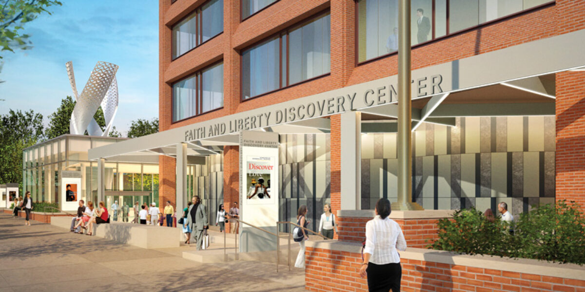 This rendering portrays the vibrant exterior of the forthcoming Faith and Liberty Discovery Center in Philadelphia